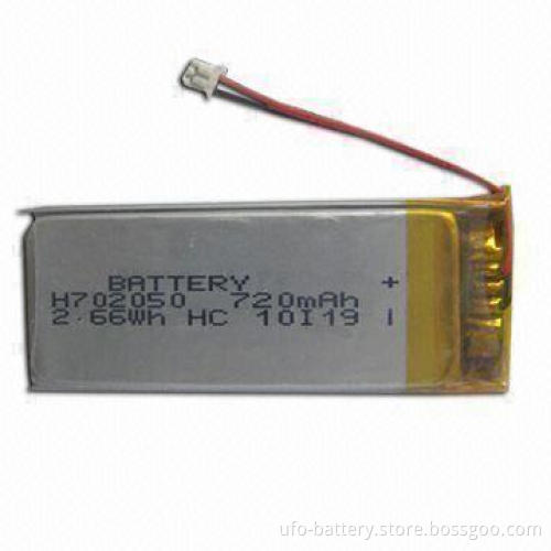 Rechargeable Lithium Polymer Battery with 3.7V Nominal Voltage and 720mAh Typical Capacity